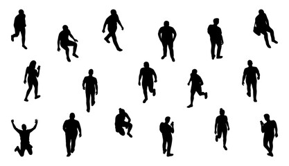People silhouettes walking and sitting in a crowd   Black flat vector characters for urban architecture site plan and landscape design projects © Stocklume
