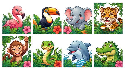 Naklejka premium Cute cartoon animal icons set with flamingo toucan elephant leopard monkey snake dolphin and crocodile