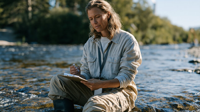 Single professional environmental scientist collecting water samples from river basin under harsh midday sun, wading boots submerged, clipboard notes on clipboard lanyard, World Environment Day fiel