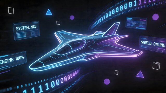Futuristic aircraft in digital interface