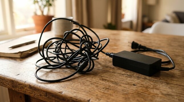 Tangled power cable and laptop charger on a rustic wooden table.