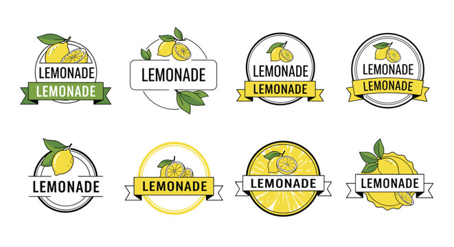 Collection of various lemonade beverage logos featuring lemons leaves and stylish typography for refreshing summer drink branding and labels.