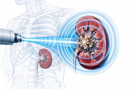 Cystitis kidney bladder stones medical illustration features acoustic Extracorporeal Shock Wave Lithotripsy shattering kidney stone into sand like particles, high tech nephrology treatment render