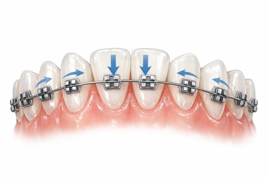 Dentistry orthodontic braces illustration shows dental arch with metal brackets archwire and elastic ligatures applying directional force to align crooked teeth