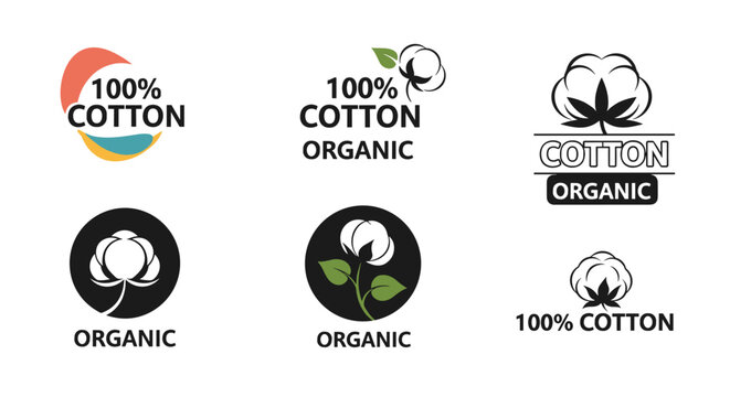 Organic cotton product label set showing cotton bolls and text for sustainable clothing brands and eco-friendly textile industry manufacturing.