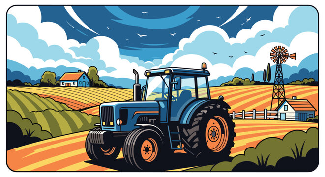 Vibrant illustration of a blue tractor working in a vast farm field with a windmill and farmhouse under a bright blue sky for agriculture themes.