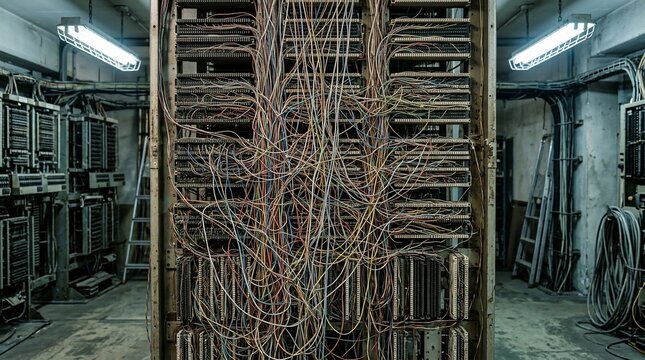 Vintage telecommunication switchboard with complex wiring in an old abandoned facility.