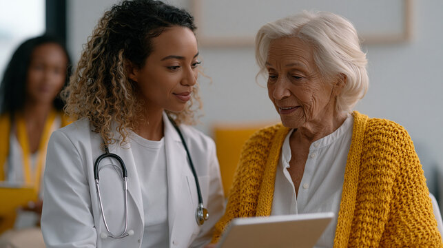Hospital readmission prevention coordinator interviews a recently discharged elderly woman in a transitional care clinic examination room, reviewing a risk stratification flag on a tablet while a co
