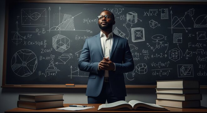 Professional classroom teacher standing heroic pose chalkboard background representing leadership authority education expert confident mentor academic success knowledge instruction
