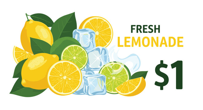 Fresh lemonade stand advertisement with bright yellow lemons green limes ice cubes and a large dollar sign for summer refreshment marketing.