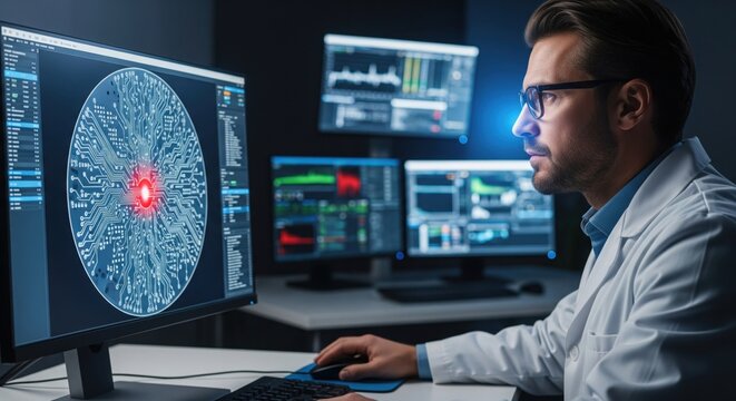 Microelectronics manufacturer PCB quality control inspection concept showing inspector analyzing magnified circuit defect on monitor highlighting zero defect standards precision tech