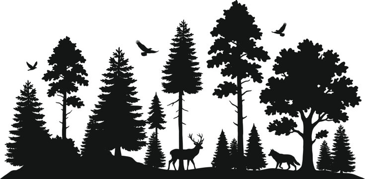 Black silhouette forest scene with deer and wolf Vector