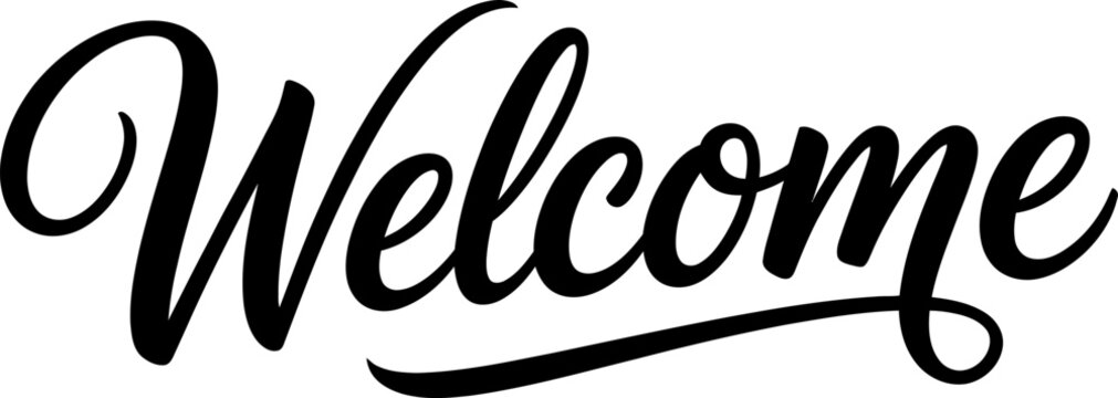Black welcome script lettering word calligraphy design element for signage and decoration to greet guests with a friendly and elegant handwritten style Vector, illustration