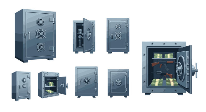 Selection of heavy metal safes in various sizes and states including open units filled with cash stacks and security rifles for protection.