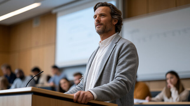 Bioethics professor standing at university lecture hall podium presenting autonomous vehicle trolley problem diagram on projection screen to seated graduate students, dry-erase timeline sketched acr