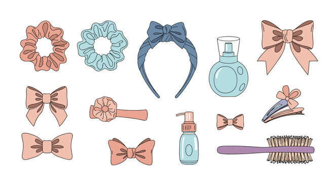 Large collection of hair styling accessories including pink bows blue scrunchies a headband a hairbrush and grooming spray on white background.