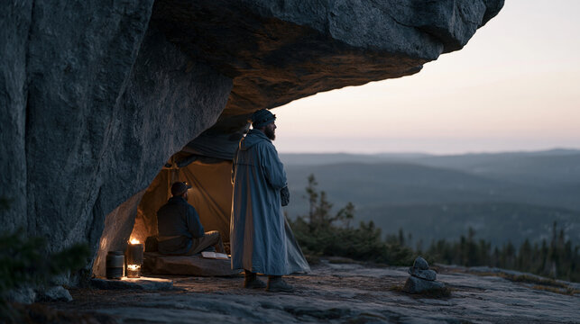 Bear canister rolled under a rocky overhang at dusk by a hiker in headlamp, then marked with a small cairn, nearby the camp stove glowing on a flat rock and a journal open under a shelter while wind