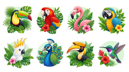 Naklejka premium Tropical bird illustration set featuring toucan, macaw, flamingo, peacock, cockatoo, hornbill, and hummingbird with exotic jungle leaves and flowers