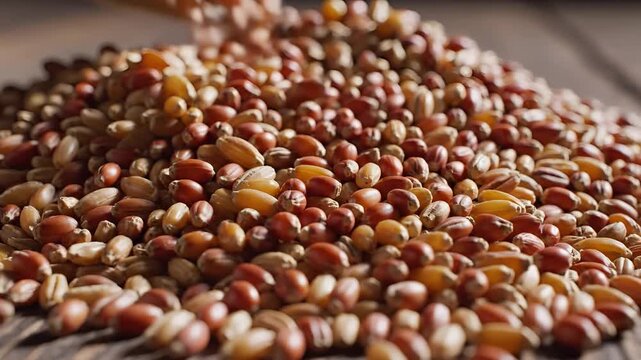 Closeup shot of a pile of mixed grains and seeds on a wooden surface.