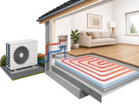 Radiant Floor Heating Cutaway with Heat Pump and Living Room Interior