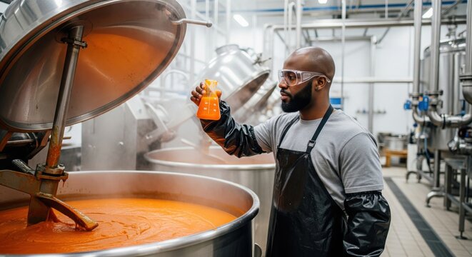 Manufacturer industrial sauce and condiment production concept showing quality engineer inspecting orange liquid in mixing vat highlighting flavor consistency safety control and food manufacturing 