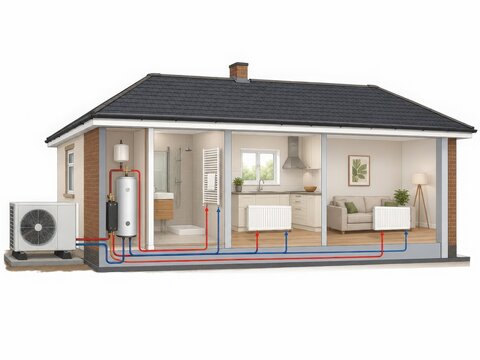 Residential Heat Pump System Cutaway with Indoor Heating and Plumbing Pipes