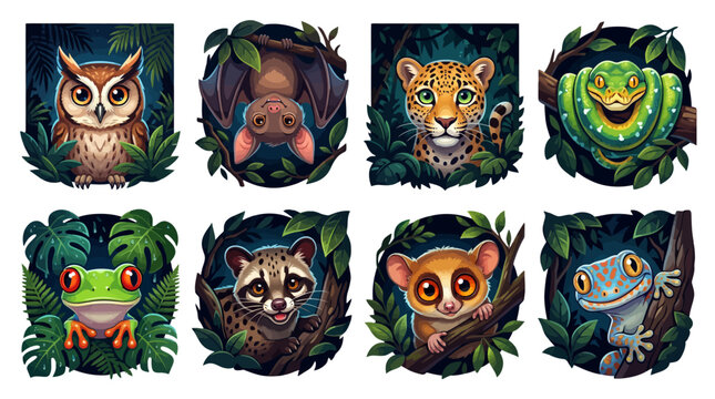 Collection of cute nocturnal jungle animal illustrations including owl bat leopard snake frog civet lemur and gecko