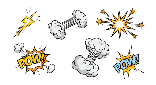 Action packed comic book sound effect bubbles featuring the word POW and various explosions with lightning and star shapes for action art.
