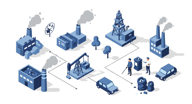 Isometric illustration of an industrial complex featuring factories drilling rigs pollution and workers managing waste.