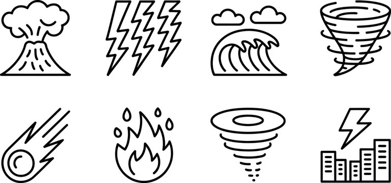 Set of natural disaster icons including volcanic eruption lightning bolt tidal wave tornado meteor fireball and city storm damage symbols Vector, illustration