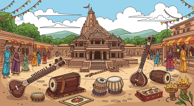 Traditional Indian Musical Instruments Display.