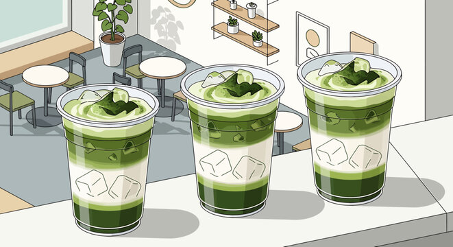 Three glasses of green matcha drink.