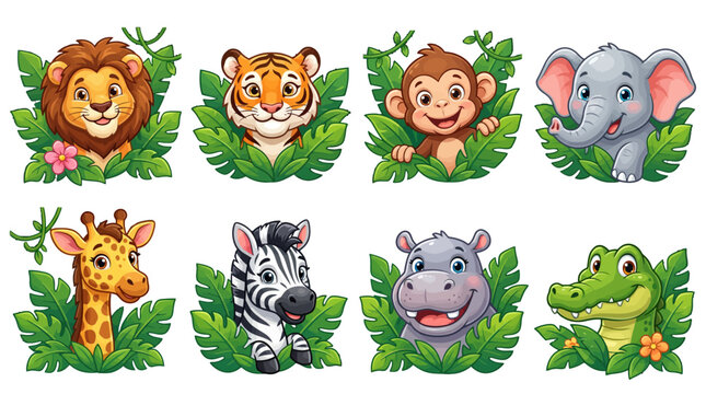Cute cartoon jungle animals set peeking through tropical leaves including lion tiger monkey elephant giraffe zebra hippo and crocodile