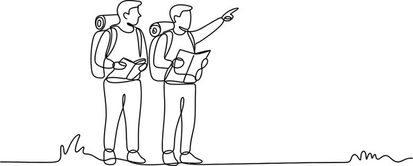 Two hikers with backpacks looking at a map and pointing the way forward in a continuous single line drawing style illustration for travel adventure theme Vector, illustration © RK Drawing Gallery