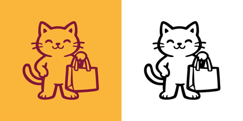 Tienda de comida y accesorios para mascotas. Logotipo con dibujo sencillo de un adorable gato de pie sujetando una bolsa de la compra de papel © teracreonte