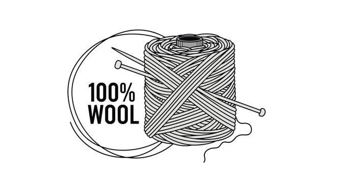 Spool of yarn with knitting needles and a label for 100 percent natural wool products for handmade garment manufacturing.