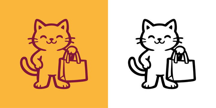 Tienda de comida y accesorios para mascotas. Logotipo con dibujo sencillo de un adorable gato de pie sujetando una bolsa de la compra de papel