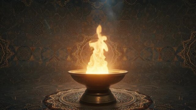 Sacred Zoroastrian fire burns in a metal bowl against an ornate Persian wall pattern during the Fravardigan festival celebration.