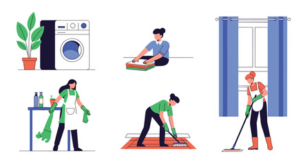 Fototapeta premium Collection of illustrations showing women performing various household chores including laundry folding clothes mopping and cleaning surfaces at home.
