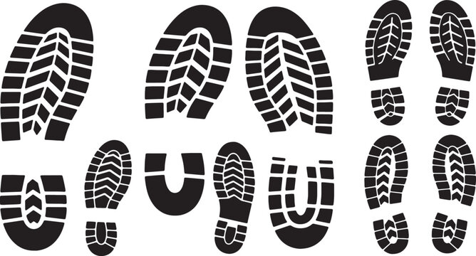 Collection of black shoe and boot sole prints with distinct tread patterns on a white background.