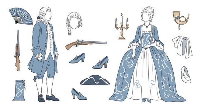 Historical paper doll set featuring 18th century man and woman in aristocratic clothing with various period accessories and wigs for education.