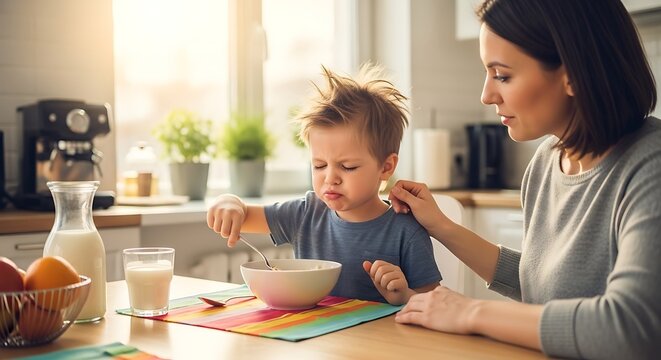 Mother and child at breakfast enjoying morning mealtime in bright kitchen