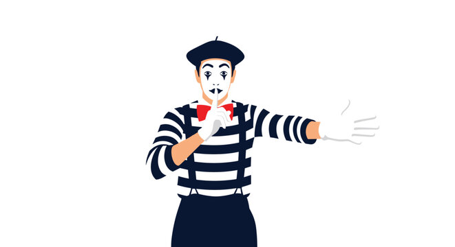 Classic mime artist performing silent gesture by putting finger to lips in front of a white background for performance art and theater themes.