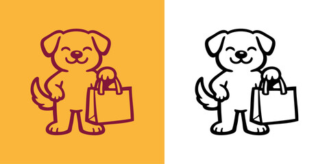 Tienda de comida y accesorios para mascotas. Logotipo con dibujo sencillo de un adorable perro de pie sujetando una bolsa de la compra de papel © teracreonte