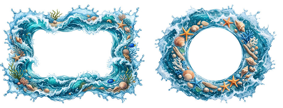 Ocean Wave Frame PNG Realistic Blue Water Splash Border
