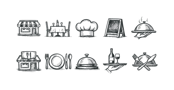 Collection of hand-drawn restaurant and dining icons for culinary themes