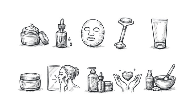 Collection of hand-drawn beauty and skincare products and tools