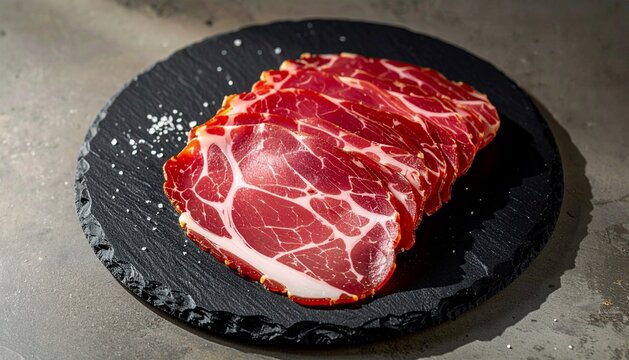 Premium Slices of Cured Coppa Ham on Black Slate Platter