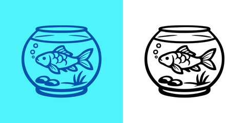 Logotipo con dibujo minimalista con líneas de un pez de colores en una pecera circular de cristal, en versiones con fondo azul y fondo transparente  © teracreonte