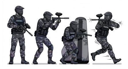 Paintball player in camouflage protective uniform action poses with marker gun isolated vector set © Mahfuj
